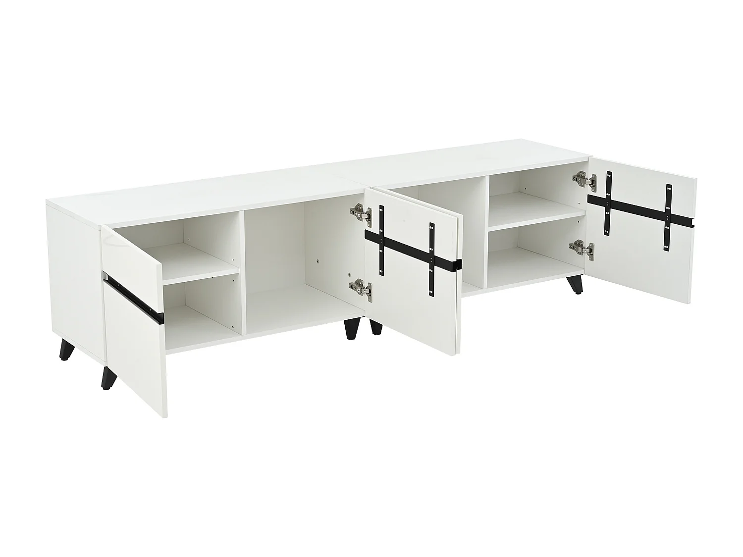 Meuble TV blanc avec 4 portes, finition brillante , pieds noirs.