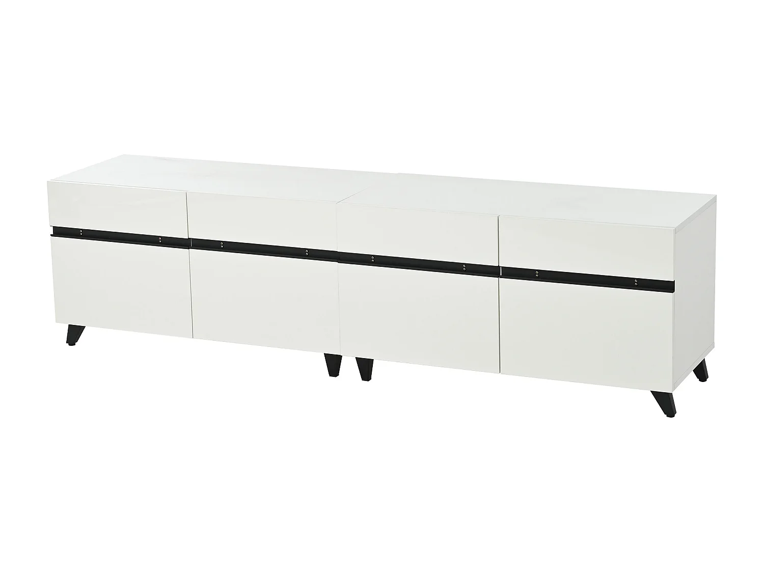 Meuble TV blanc avec 4 portes, finition brillante , pieds noirs.