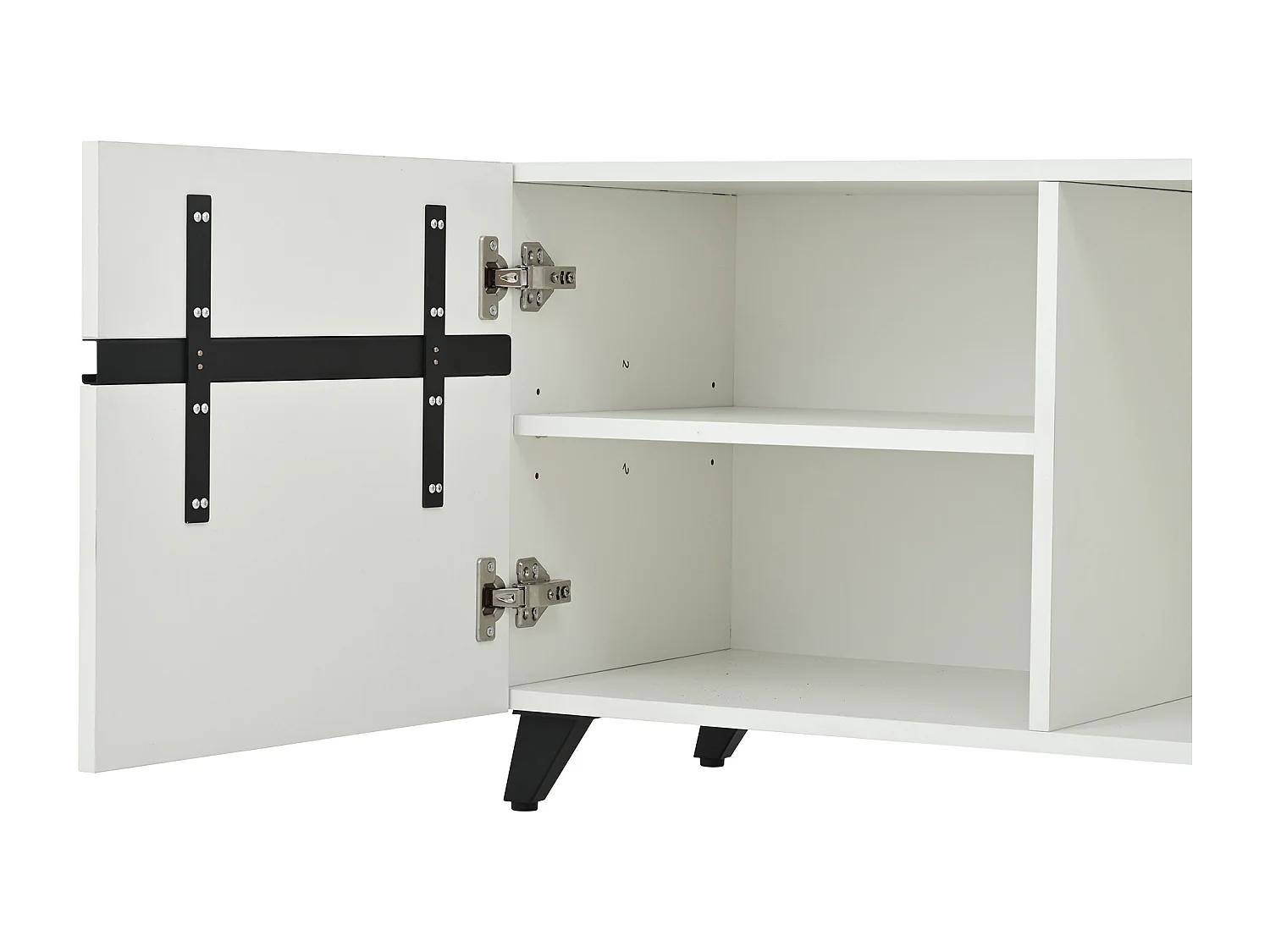 Meuble TV blanc avec 4 portes, finition brillante , pieds noirs.