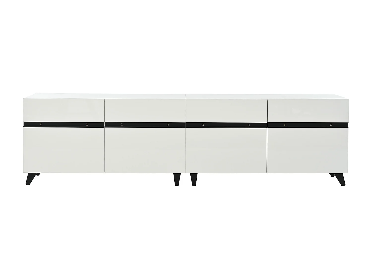 Meuble TV blanc avec 4 portes, finition brillante , pieds noirs.