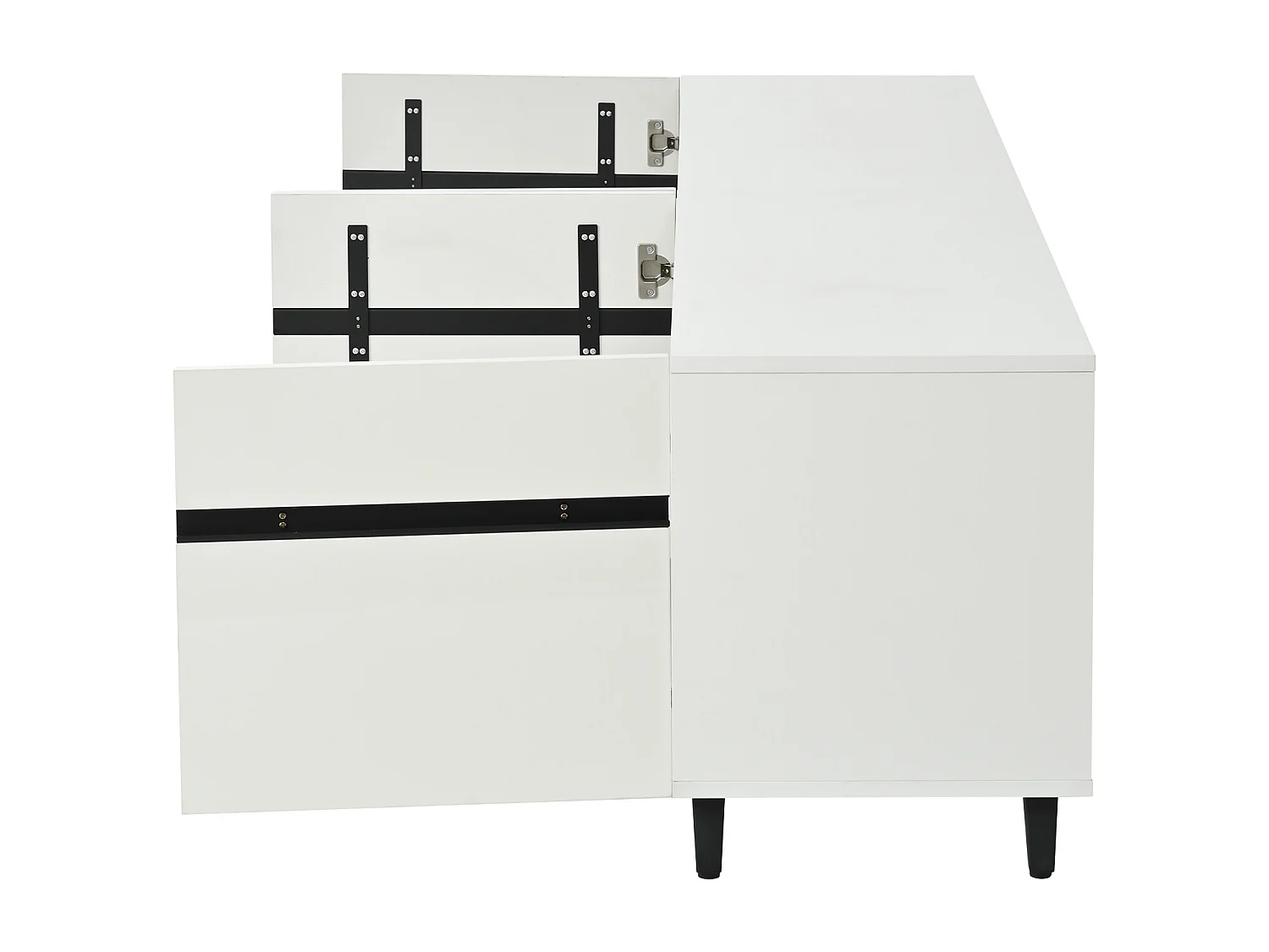 Meuble TV blanc avec 4 portes, finition brillante , pieds noirs.