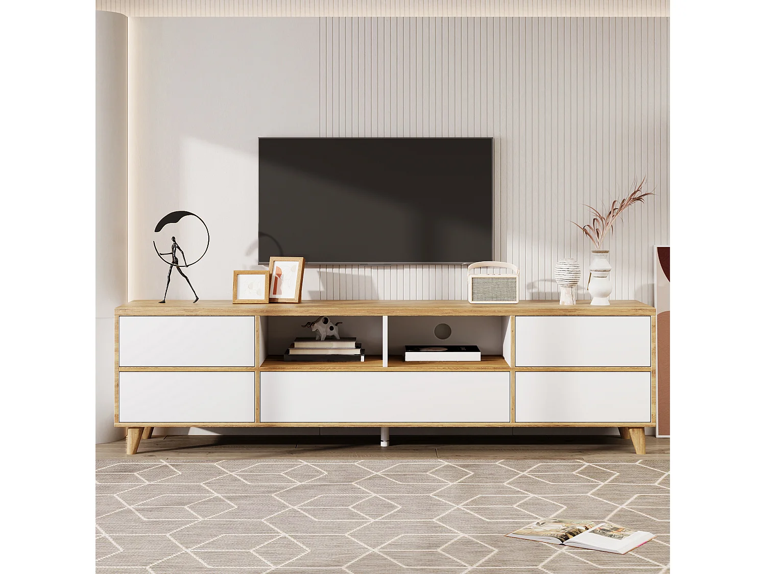 TV-meubel 175x37x51 cm, opbergruimte met deuren en binnenplanken, houten poten, MDF, wit