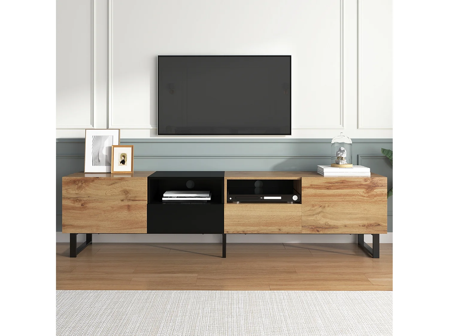 Meuble TV 190x38x48 cm, 2 portes et 2 tiroirs, bords en PVC, glissières 12 pouces, MDF, noir et bois naturel