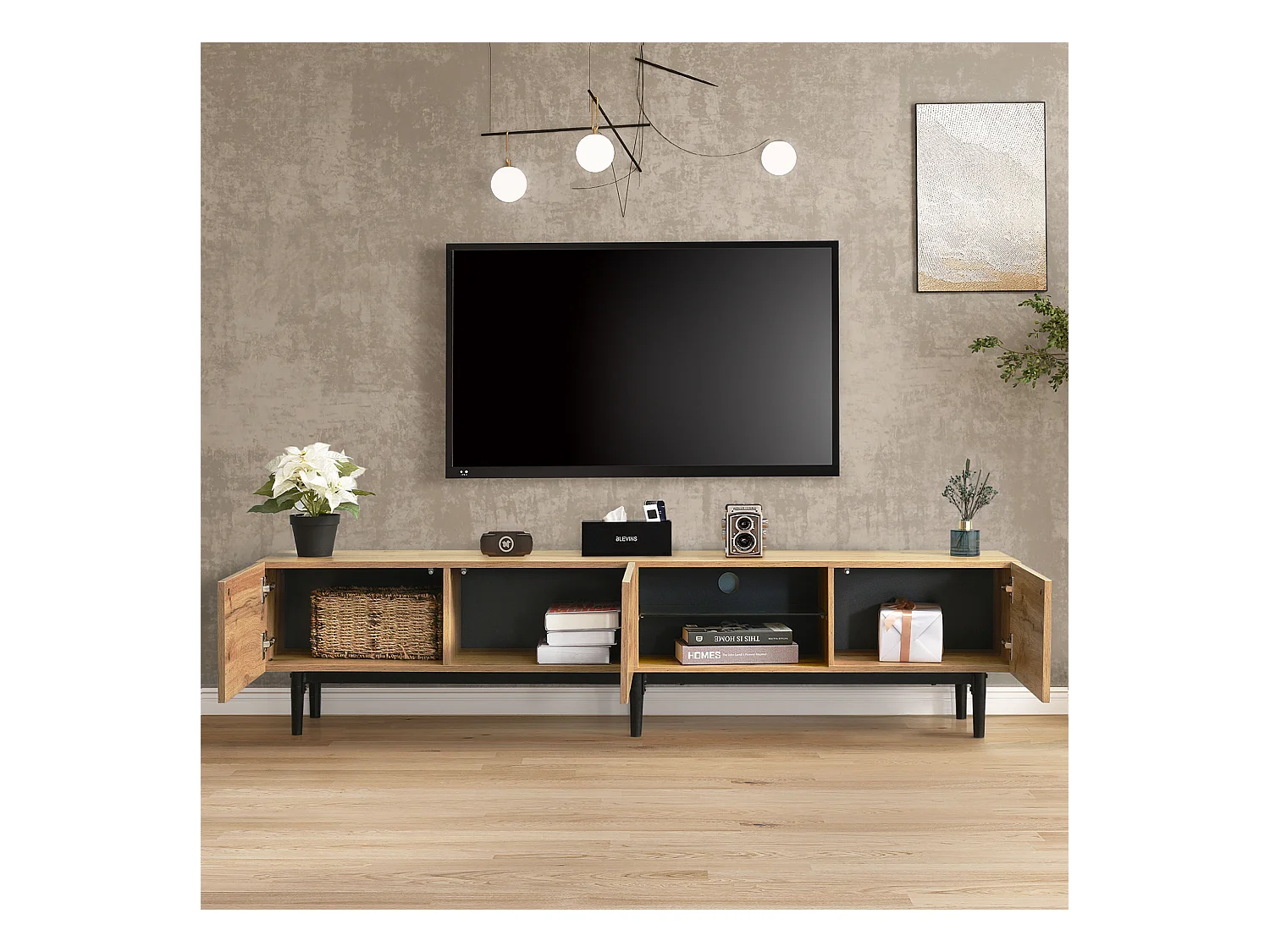 TV kast 175x31x41cm met 7 kleuren veranderlijke LED verlichting deuren en 3 kasten brengen Materiaal MDF in Natuurlijke kleur