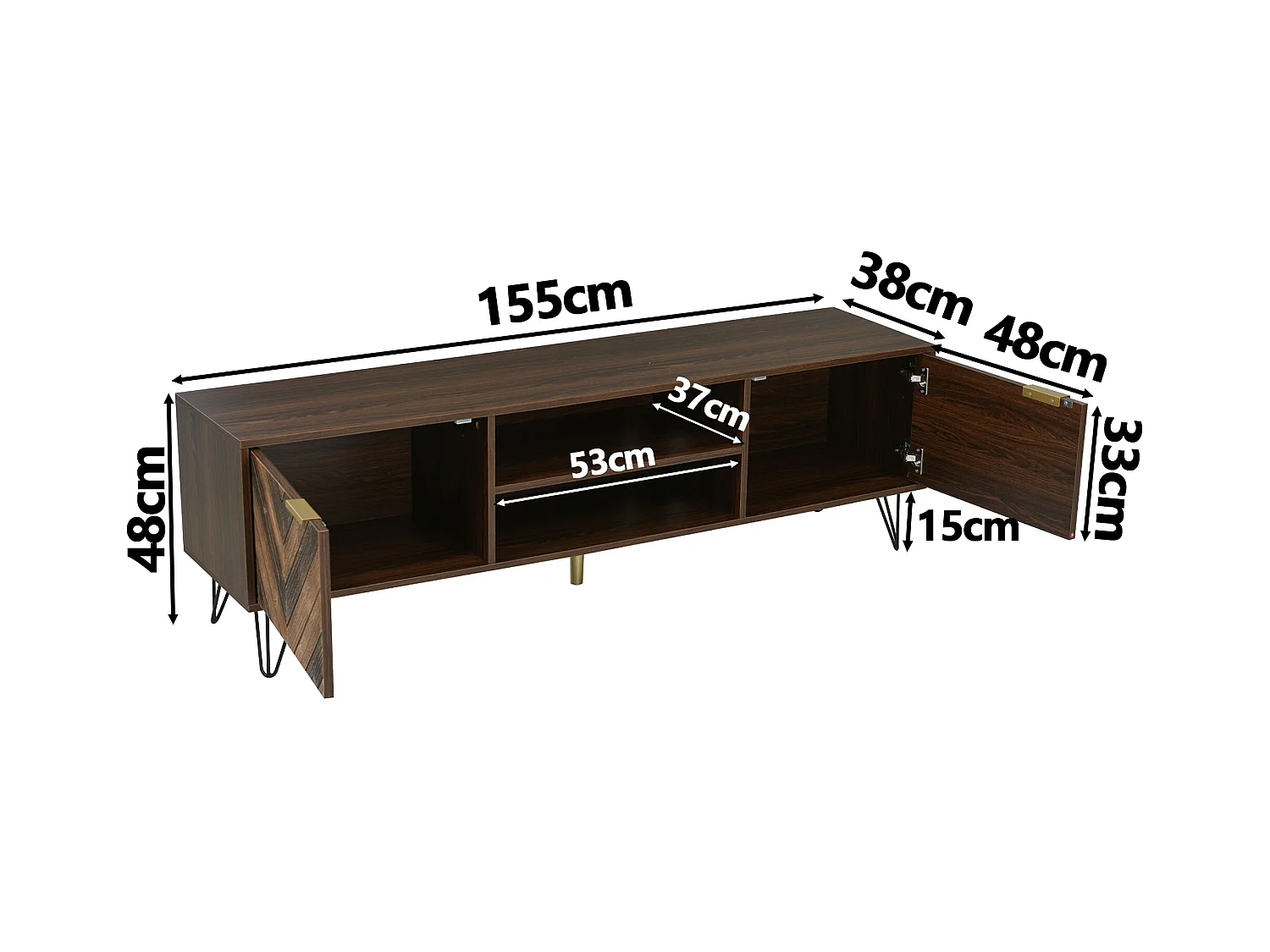 TV kast 155x38x48cm met twee deuren twee compartimenten en gouden handgrepen brengen Materiaal Spaanplaat in Natuurlijke kleur