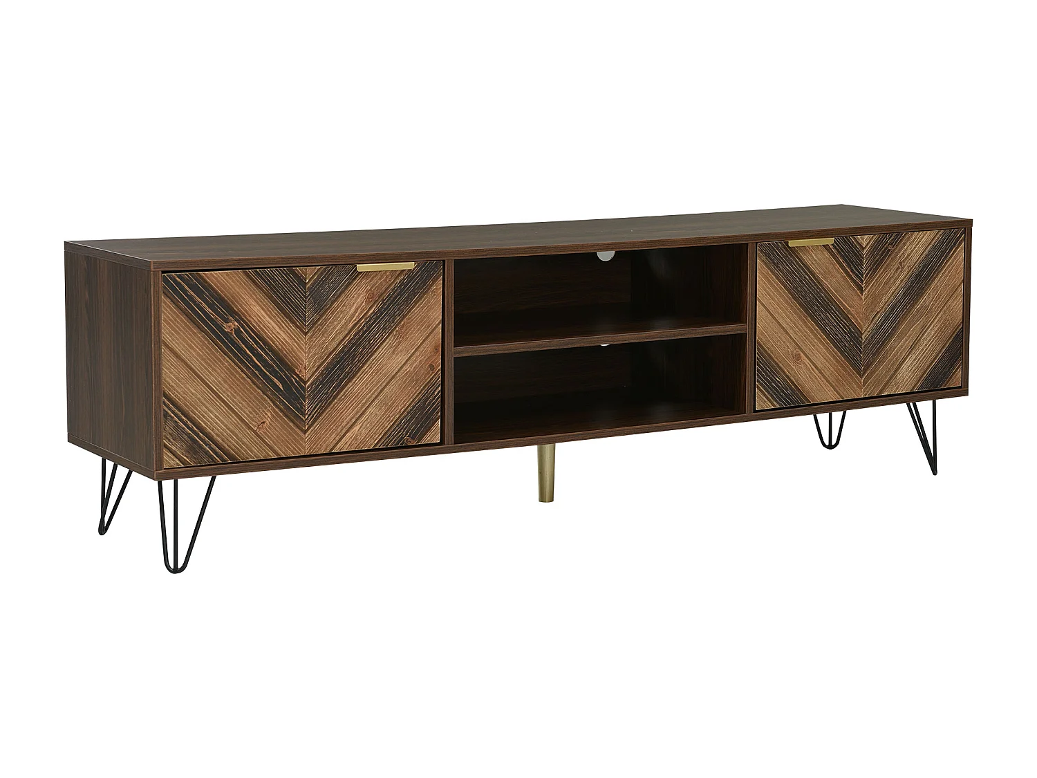 Meuble TV 155x38x48 cm, 2 portes, poignées dorées, pieds en fer, panneaux de particules, naturel