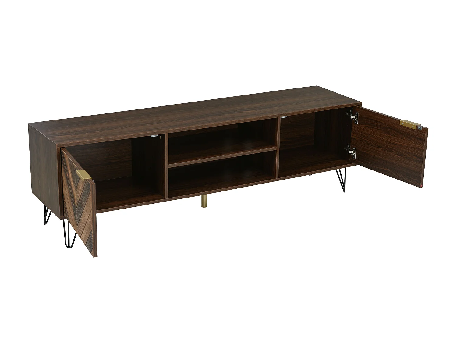 Meuble TV 155x38x48 cm, 2 portes, poignées dorées, pieds en fer, panneaux de particules, naturel