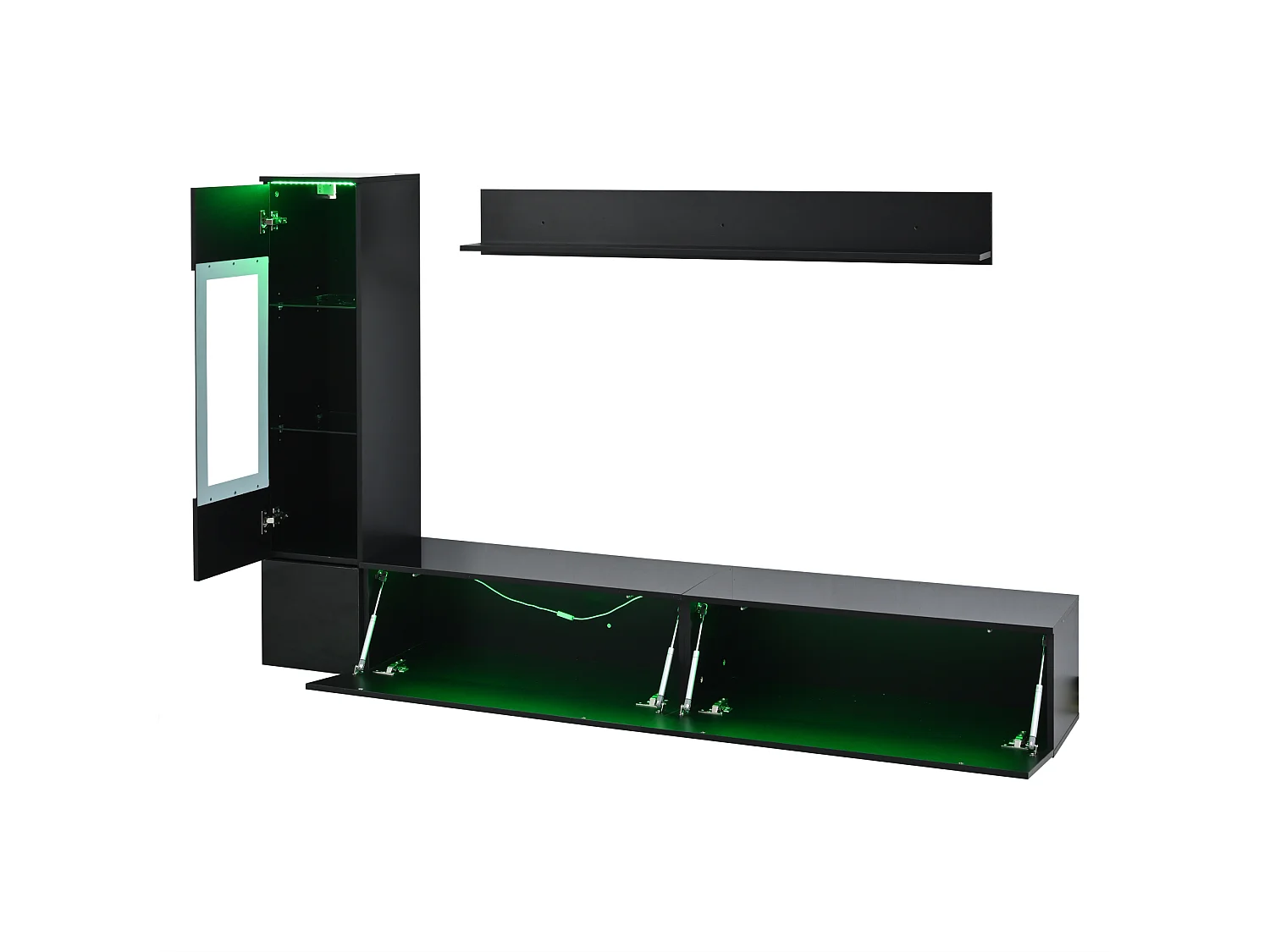 Het gecombineerde tv-meubel van 180x30x130 cm bestaat uit een tv-standaard, een vitrinekast en een wandplank met ledverlichting