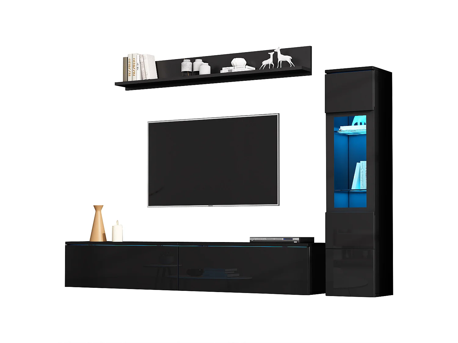 Het gecombineerde tv-meubel van 180x30x130 cm bestaat uit een tv-standaard, een vitrinekast en een wandplank met ledverlichting