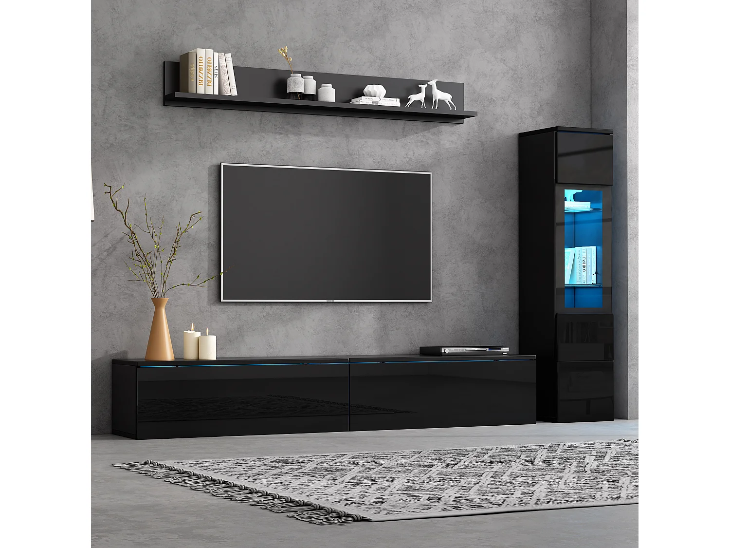 Het gecombineerde tv-meubel van 180x30x130 cm bestaat uit een tv-standaard, een vitrinekast en een wandplank met ledverlichting