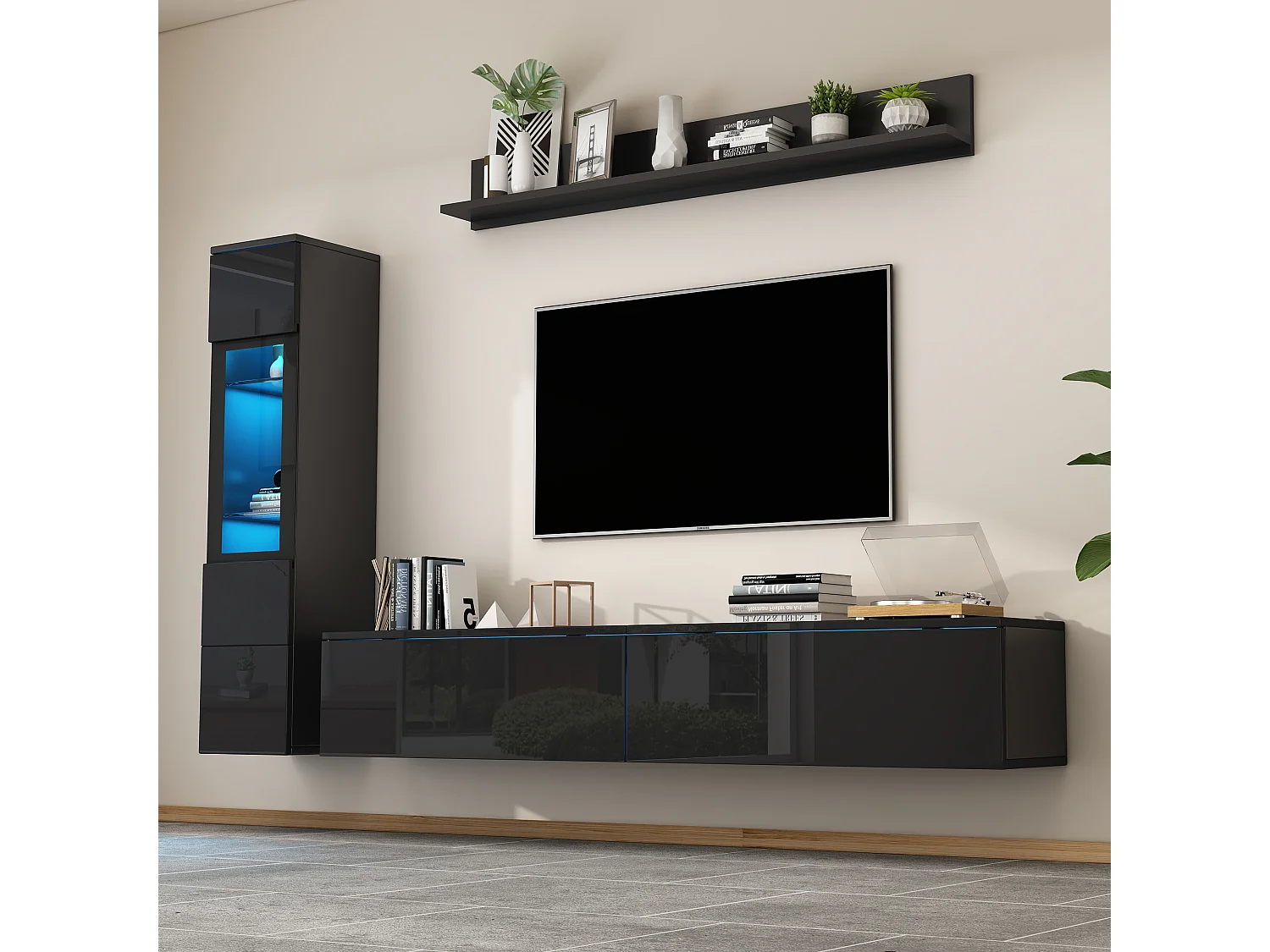 Ensemble meuble TV mural 3 pièces 180x33x130 cm, éclairage LED RGB, ouverture par pression, panneaux de particules, noir