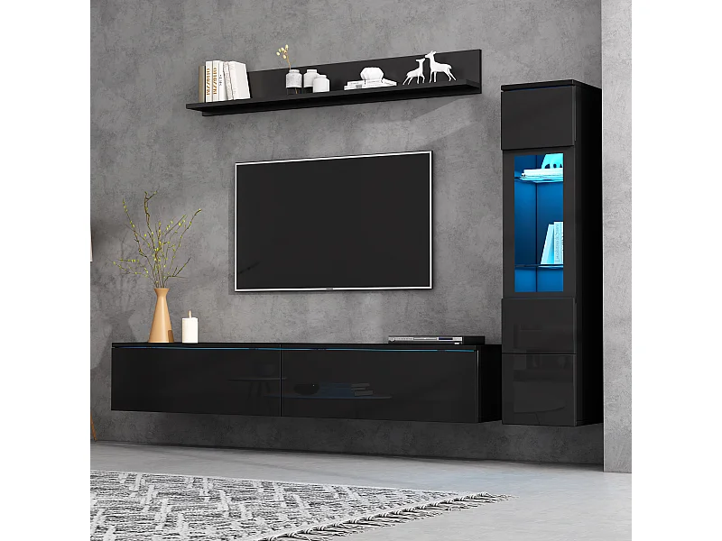Het gecombineerde tv-meubel van 180x30x130 cm bestaat uit een tv-standaard, een vitrinekast en een wandplank met ledverlichting