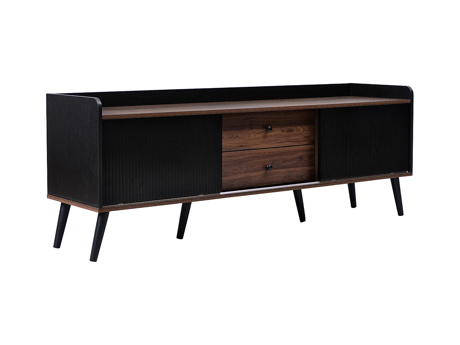 Meuble TV 160x40x58cm 2 Tiroirs 2 Portes Coulissantes 2 Planchers Lamellaires Pieds en Bois Matériel Particle Board Noir