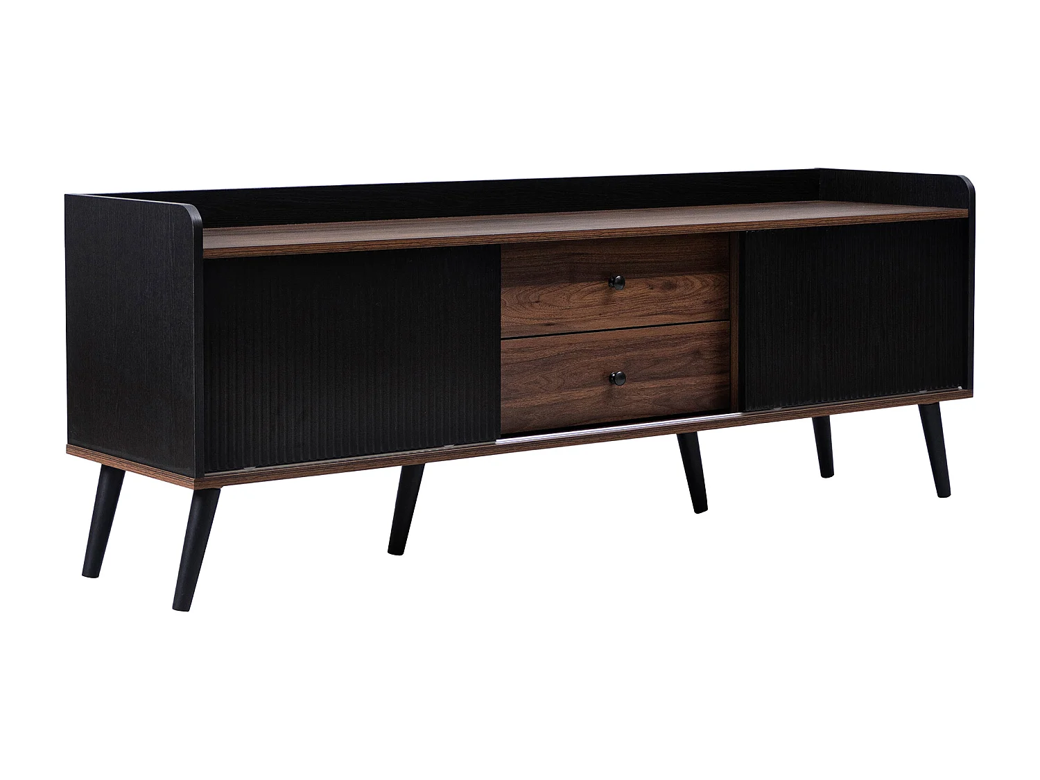 Meuble TV 160x40x58cm 2 Tiroirs 2 Portes Coulissantes 2 Planchers Lamellaires Pieds en Bois Matériel Particle Board Noir