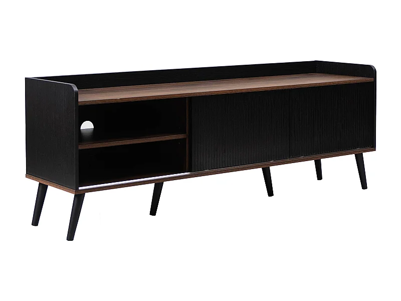 Meuble TV 160x40x58 cm, 2 portes coulissantes striées, 2 tiroirs, rebord surélevé, panneaux de particules, noir