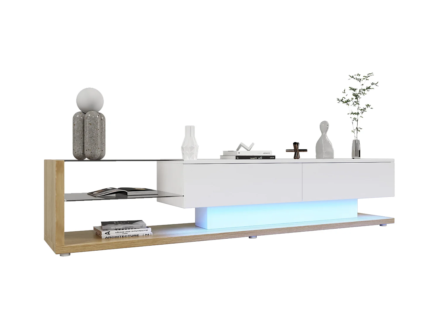 Meuble TV 170x36x38cm Éclairage LED variable Deux tiroirs Espace de rangement Panneau brillant Matériel Panneau de particules Blanc