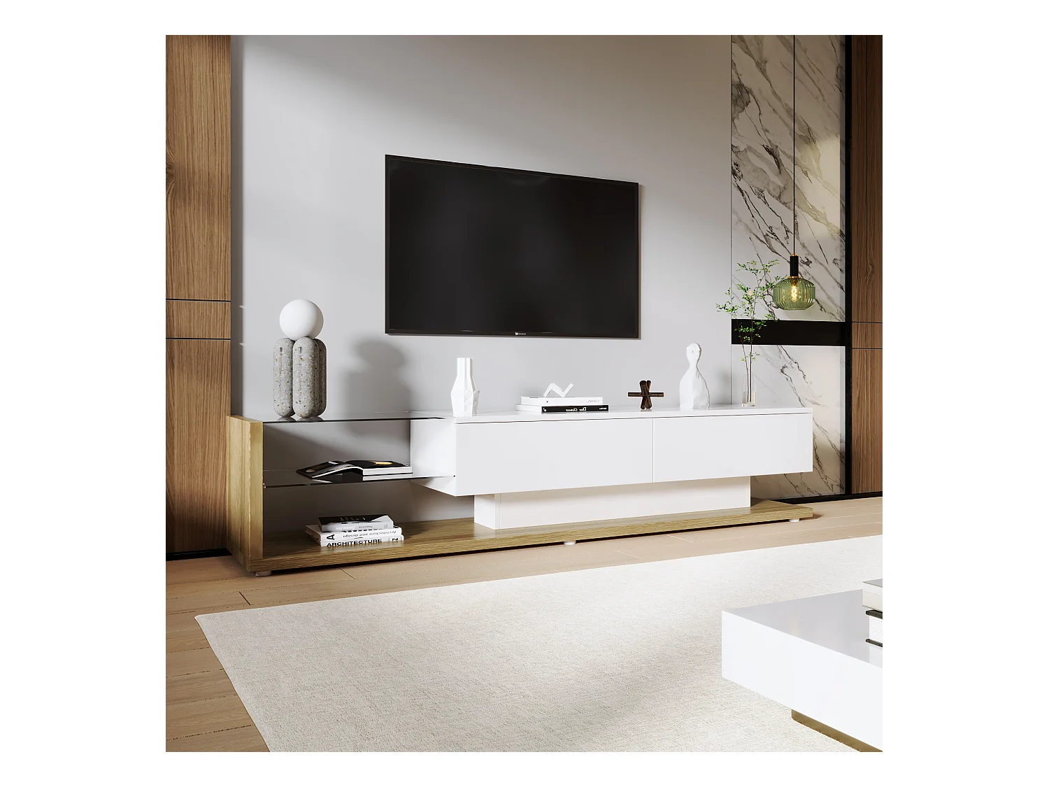 Meuble TV 170x36x38cm Éclairage LED variable Deux tiroirs Espace de rangement Panneau brillant Matériel Panneau de particules Blanc