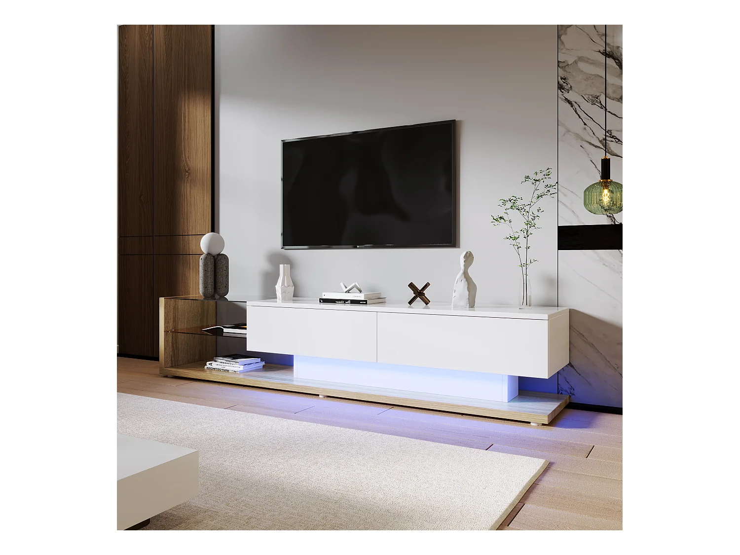 Meuble TV 170x36x38cm Éclairage LED variable Deux tiroirs Espace de rangement Panneau brillant Matériel Panneau de particules Blanc