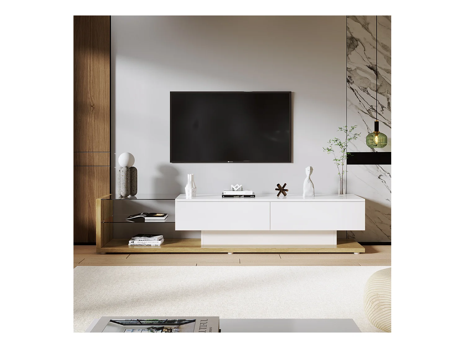 Meuble TV 170x36x38cm Éclairage LED variable Deux tiroirs Espace de rangement Panneau brillant Matériel Panneau de particules Blanc