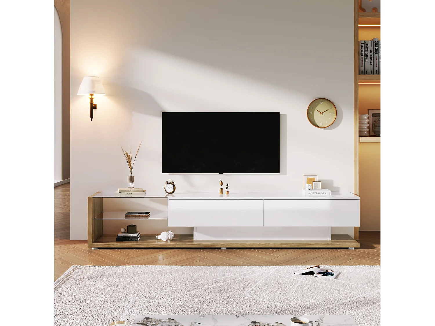 Meuble TV 170x36x38cm Éclairage LED variable Deux tiroirs Espace de rangement Panneau brillant Matériel Panneau de particules Blanc