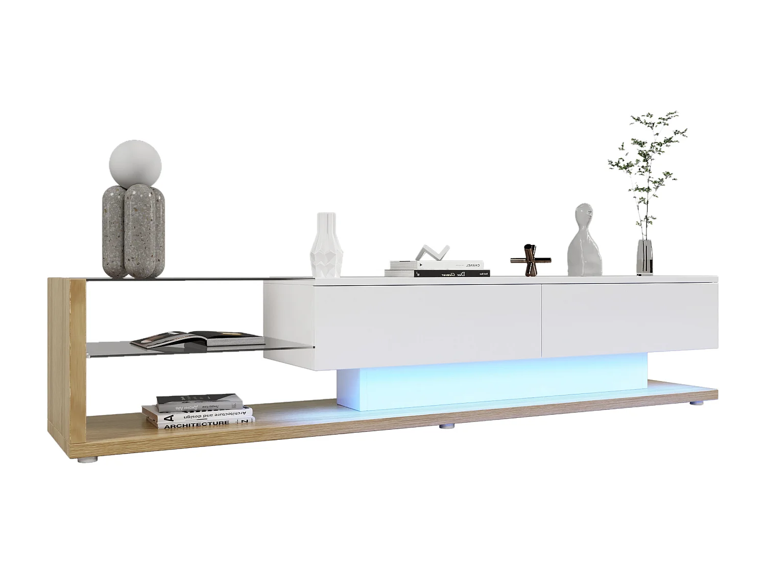 Meuble TV 170x36x38cm Éclairage LED variable Deux tiroirs Espace de rangement Panneau brillant Matériel Panneau de particules Blanc