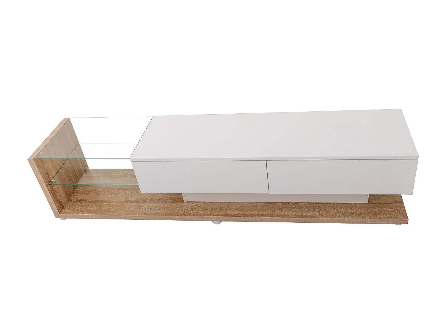 Meuble TV 170x36x38 cm, 2 tiroirs, 2 étagères en verre, LED réglable, panneau de particules blanc et coloris bois