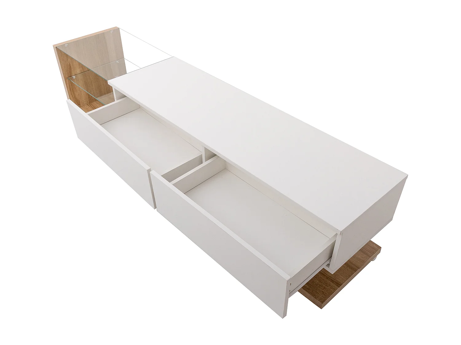 Meuble TV 170x36x38 cm, 2 tiroirs, 2 étagères en verre, LED réglable, panneau de particules blanc et coloris bois