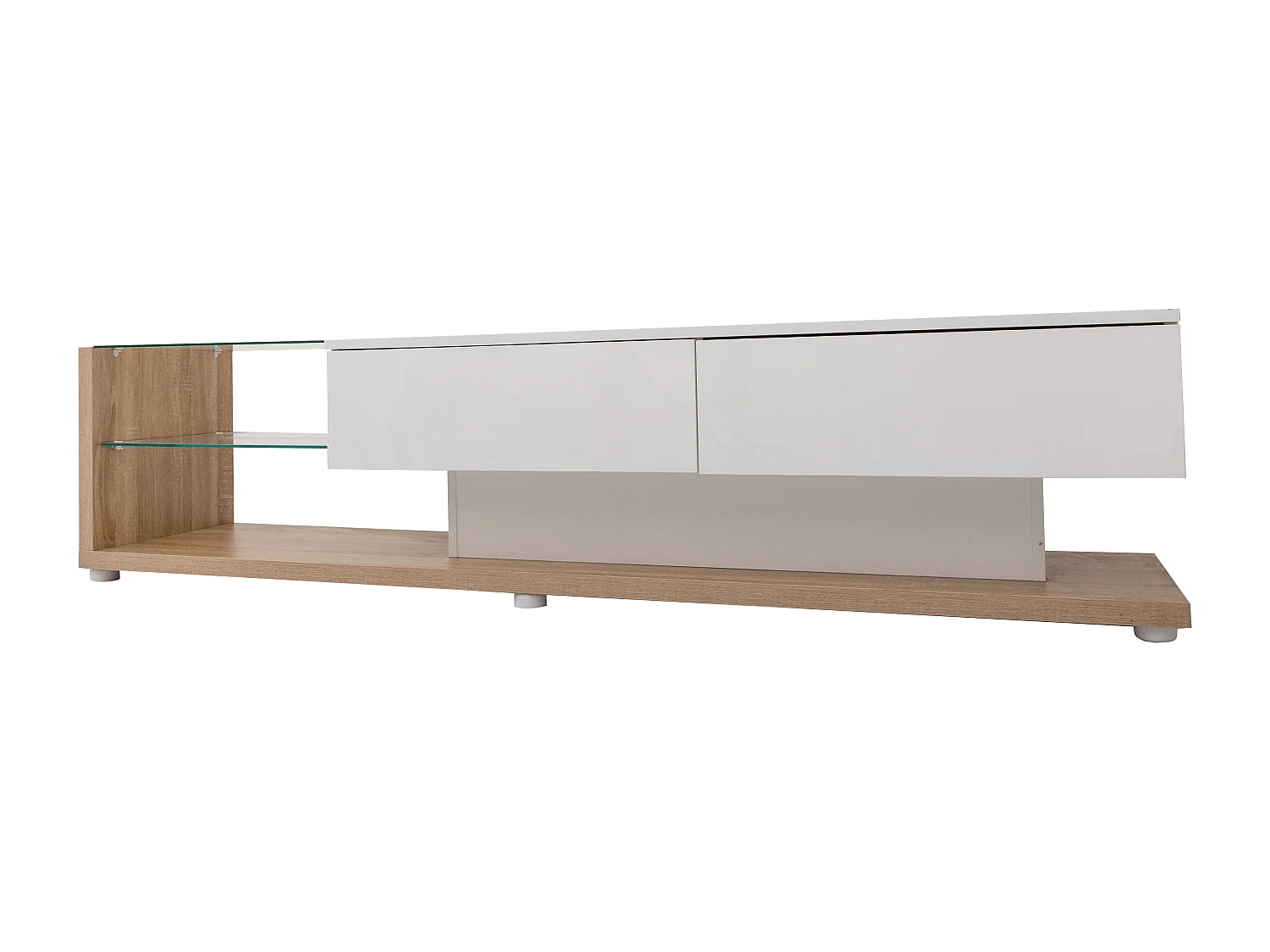 Meuble TV 170x36x38 cm, 2 tiroirs, 2 étagères en verre, LED réglable, panneau de particules blanc et coloris bois