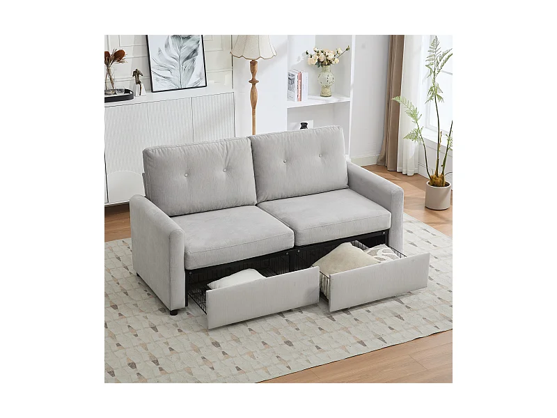 Canapé 2 places gris clair avec 2 tiroirs, bois et tissu.
