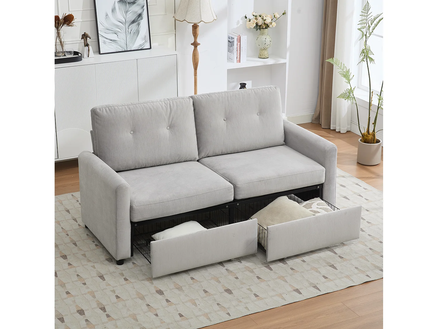 Canapé 2 places gris clair avec 2 tiroirs, bois et tissu.
