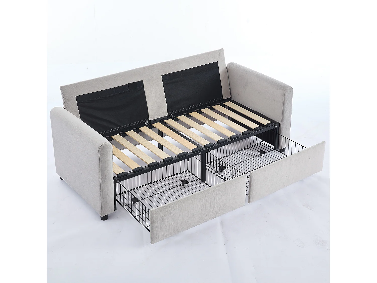 Canapé 2 places gris clair avec 2 tiroirs, bois et tissu.