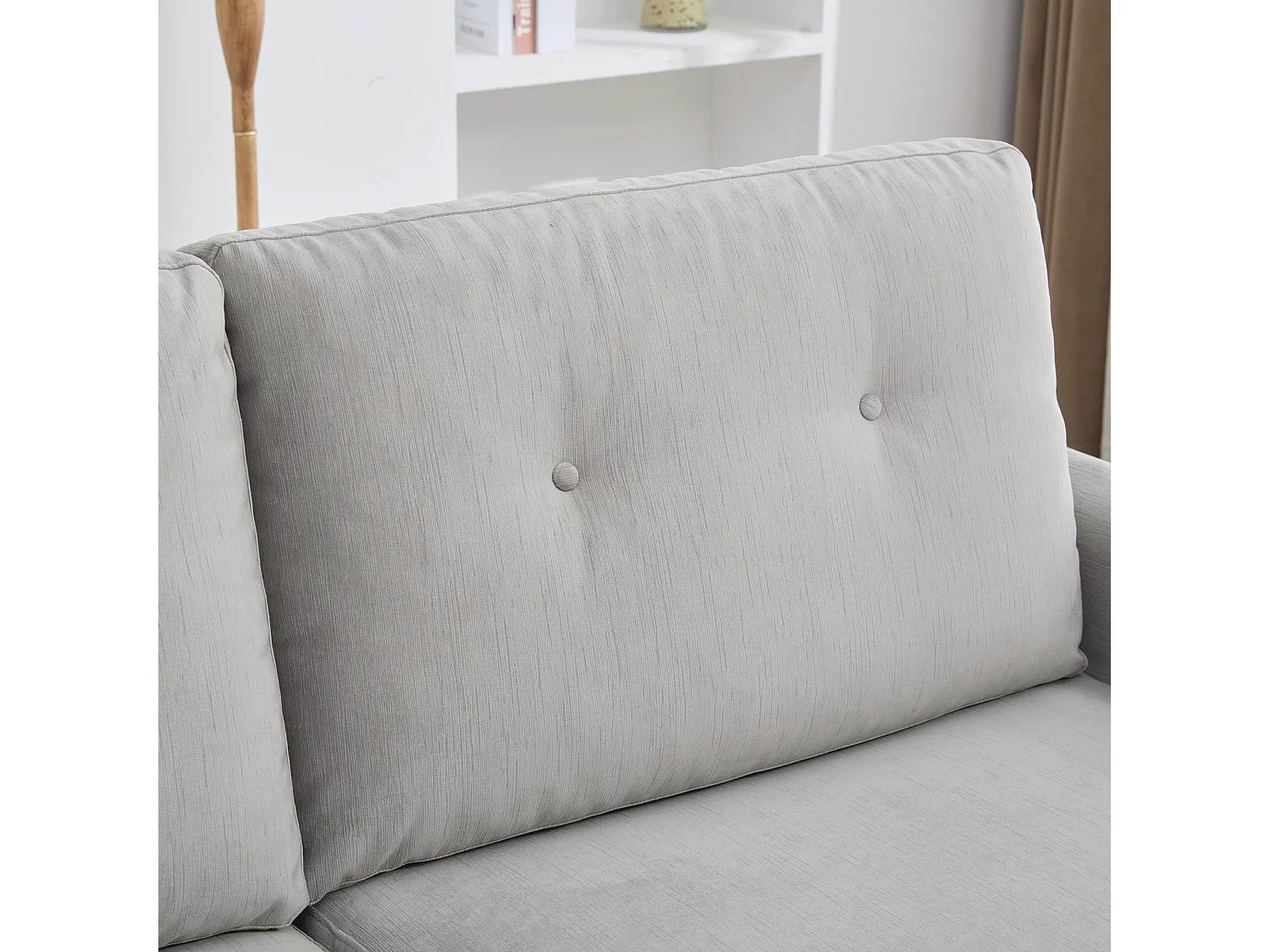 Canapé 2 places gris clair avec 2 tiroirs, bois et tissu.