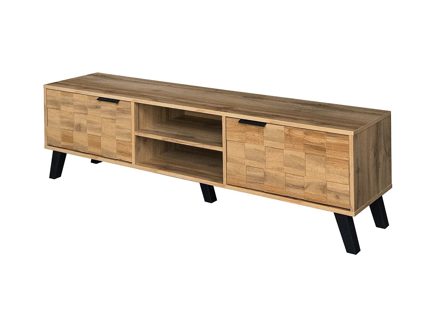 Meuble TV 160.5x35.5x45 cm avec deux portes et deux compartiments ouverts panneaux de particules en Couleur naturelle