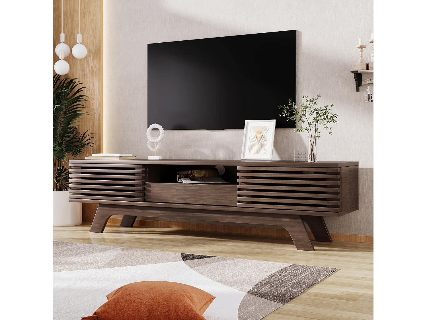 Meuble TV 150x35x44 cm, 2 portes et 1 tiroir, passages de câbles, rangements ouverts, panneau de particules, naturel