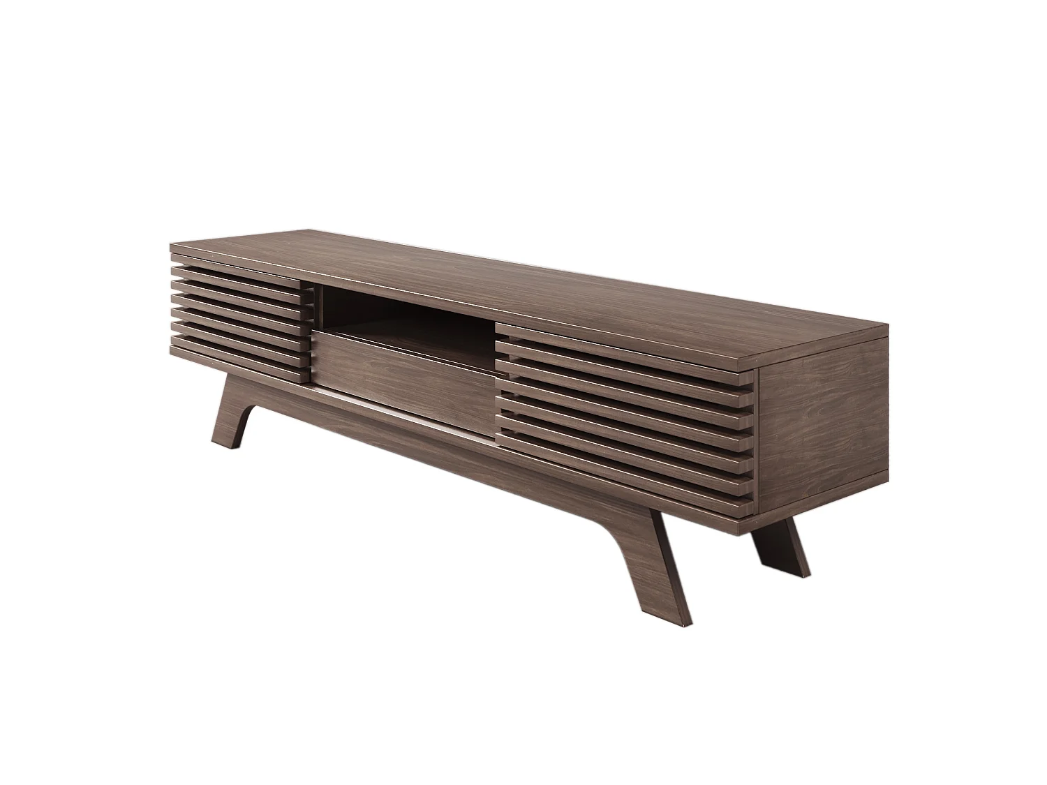 Meuble TV 150x35x44 cm, 2 portes et 1 tiroir, passages de câbles, rangements ouverts, panneau de particules, naturel