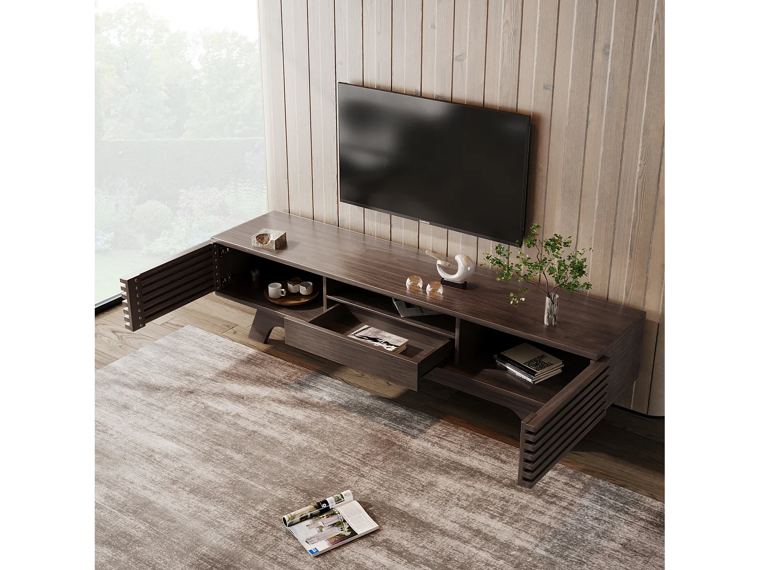 Meuble TV 150x35x44 cm, 2 portes et 1 tiroir, passages de câbles, rangements ouverts, panneau de particules, naturel
