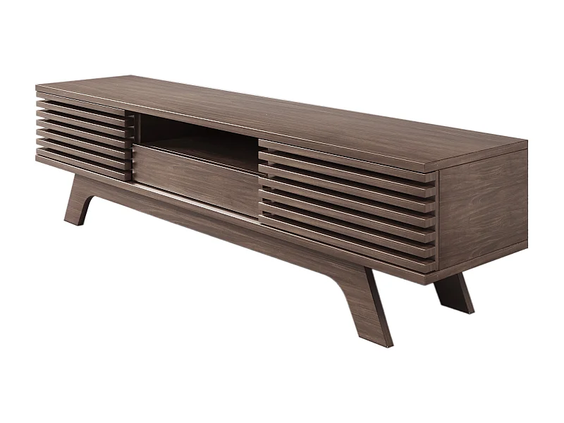 Meuble TV 150x35x44 cm, 2 portes et 1 tiroir, passages de câbles, rangements ouverts, panneau de particules, naturel