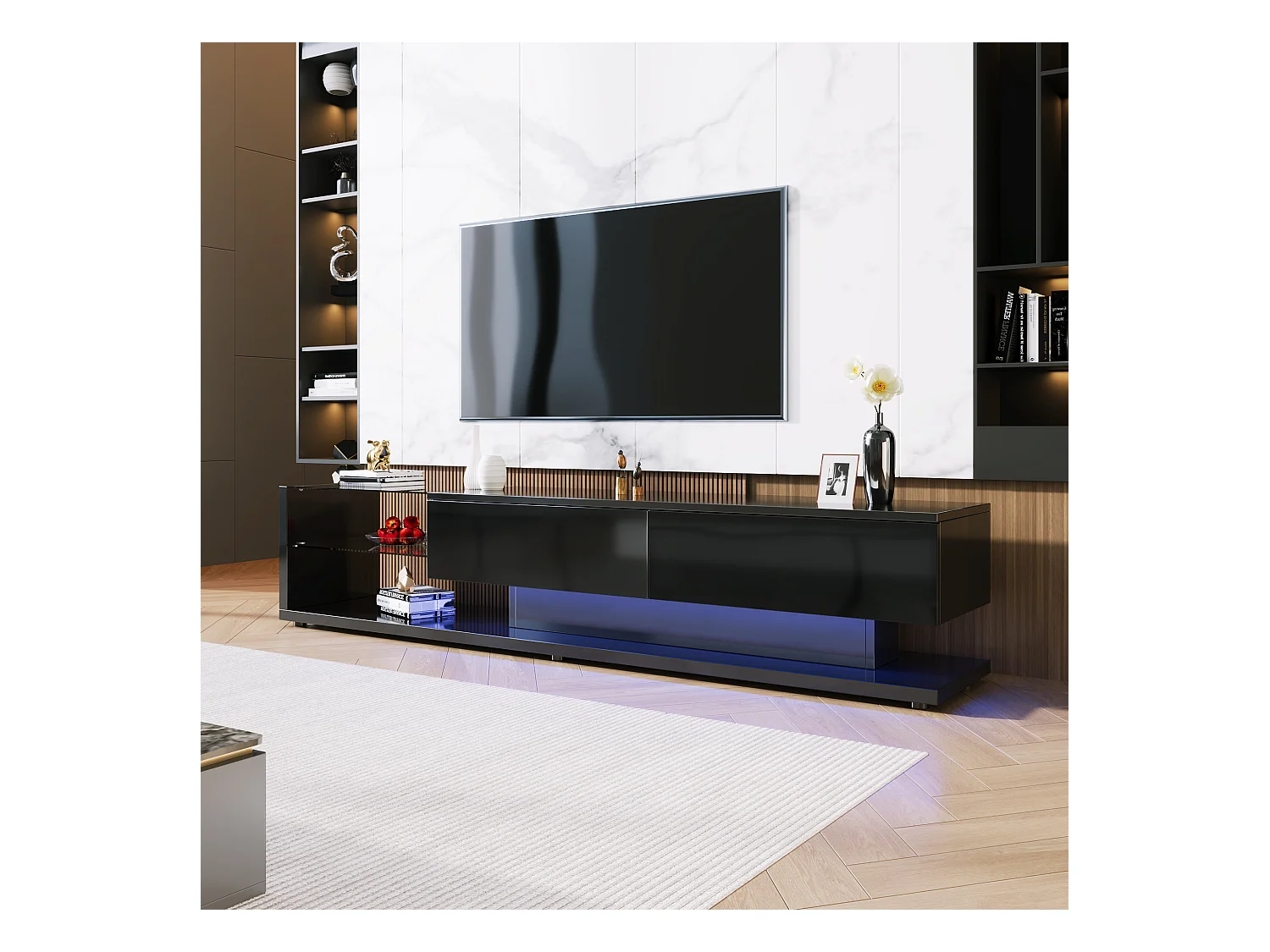 Meuble TV 170x36x38cm Éclairage LED variable Deux tiroirs Espace de rangement Panneau brillant Matériel Panneau de particules Noir