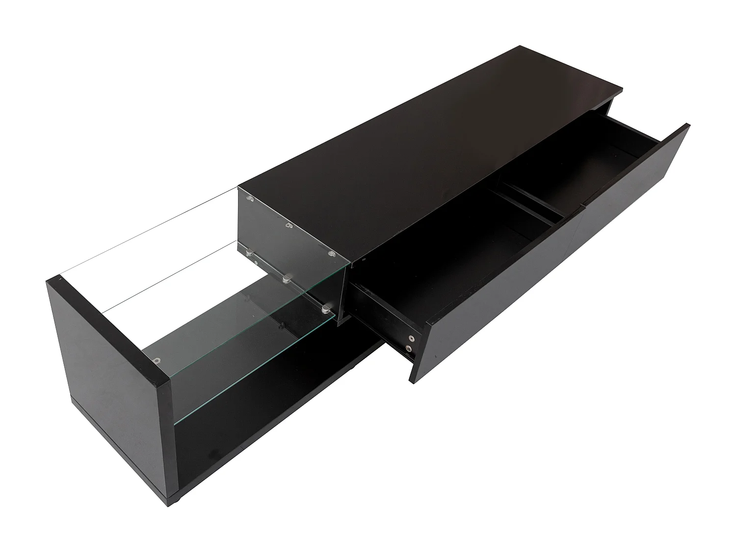 Meuble TV 170x36x38 cm, 2 tiroirs, 2 étagères en verre, LED multicolore, panneaux de particules noir brillant