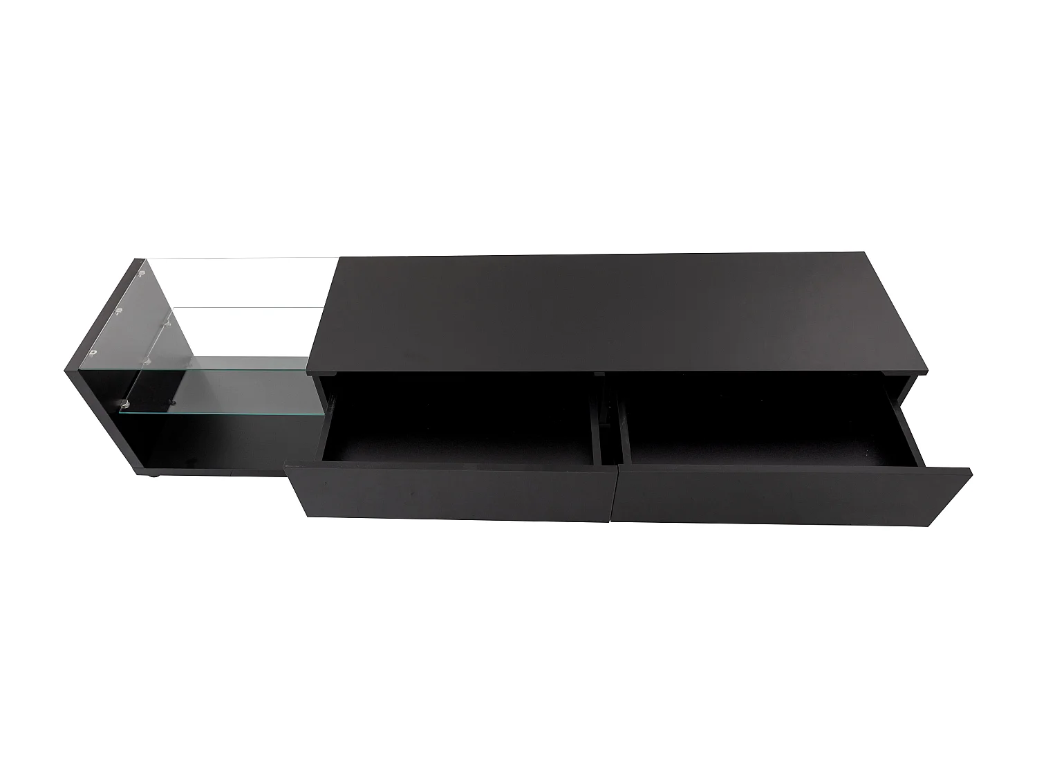 Meuble TV 170x36x38 cm, 2 tiroirs, 2 étagères en verre, LED multicolore, panneaux de particules noir brillant