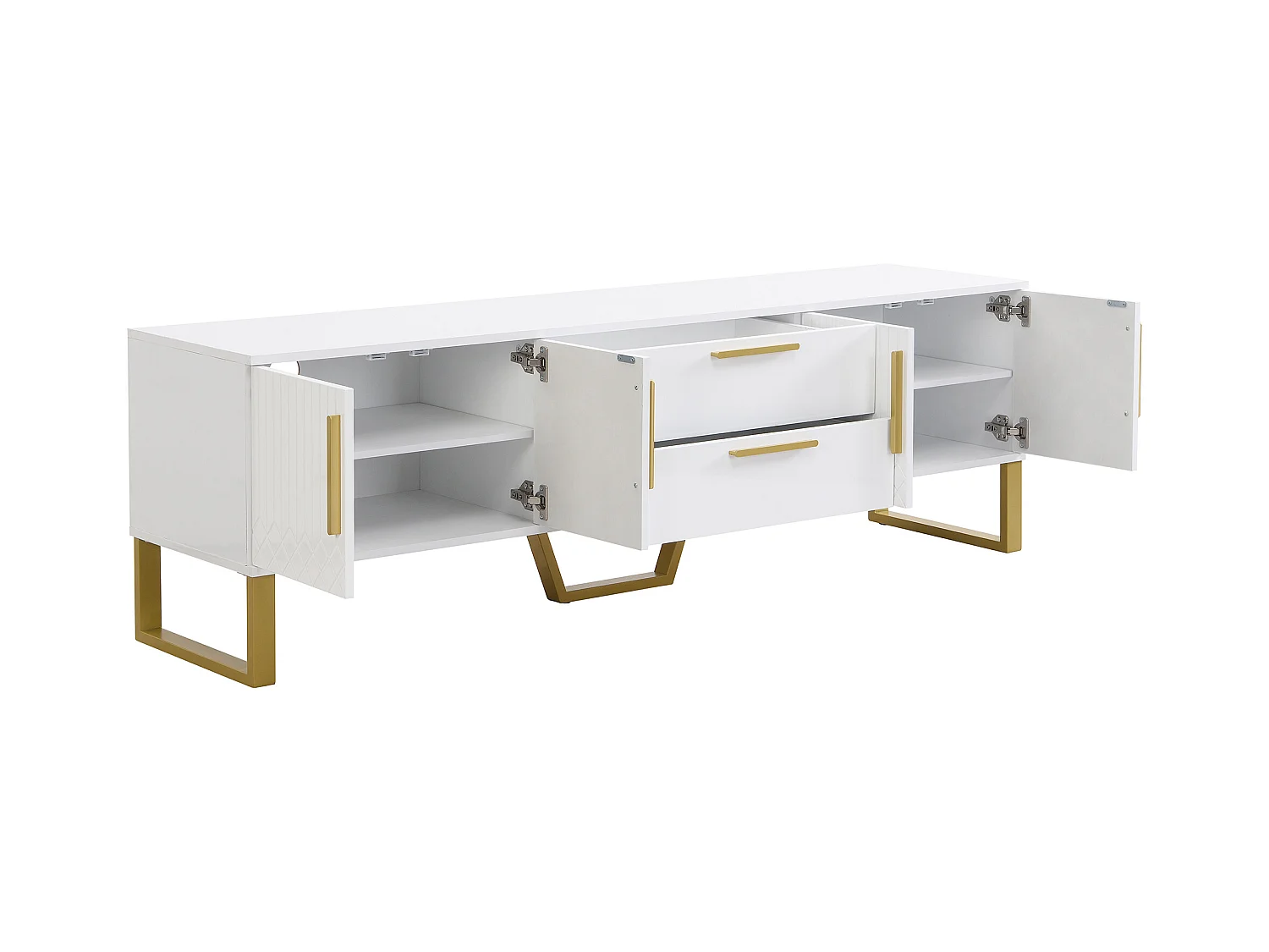 TV kast 170x40x53.5cm met plankjes gouden handgrepen en poten vier deuren met textuur en twee laden brengen Materiaal MDF en Wit