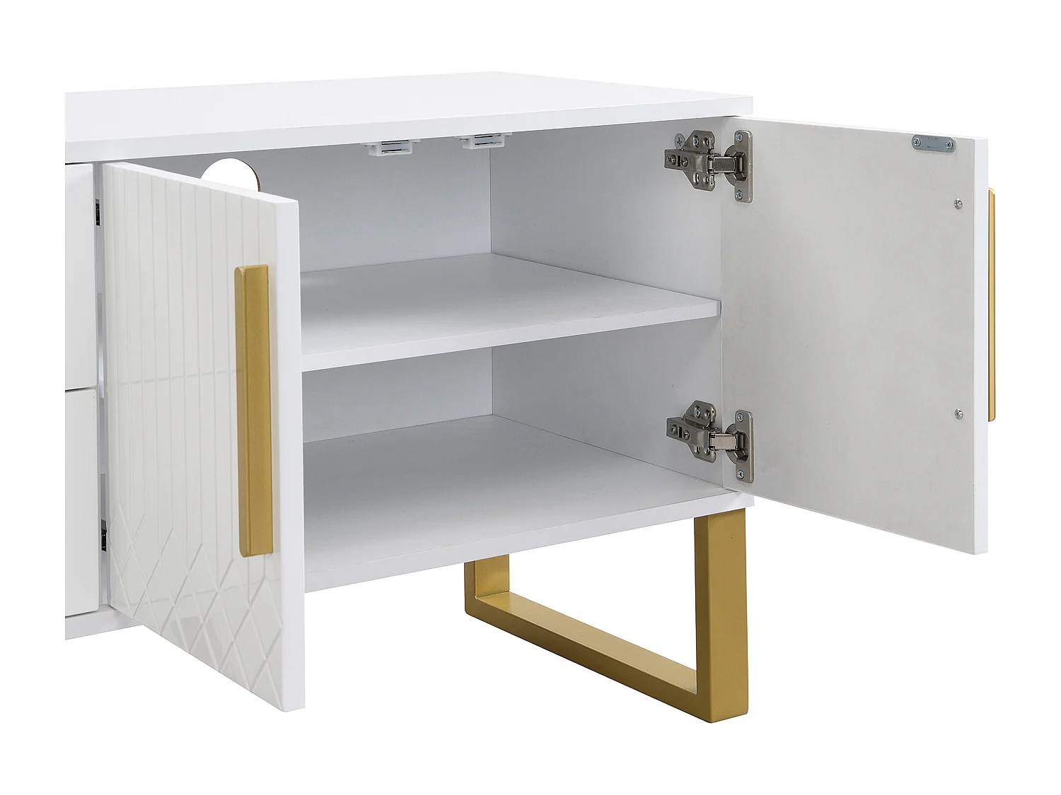 TV kast 170x40x53.5cm met plankjes gouden handgrepen en poten vier deuren met textuur en twee laden brengen Materiaal MDF en Wit