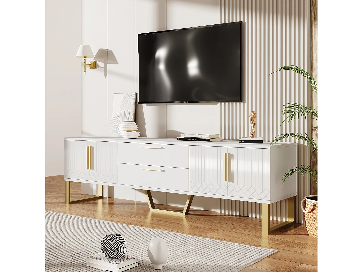 Meuble TV 170x40x53.5 cm, 4 portes et 2 tiroirs, passe câbles, MDF, blanc