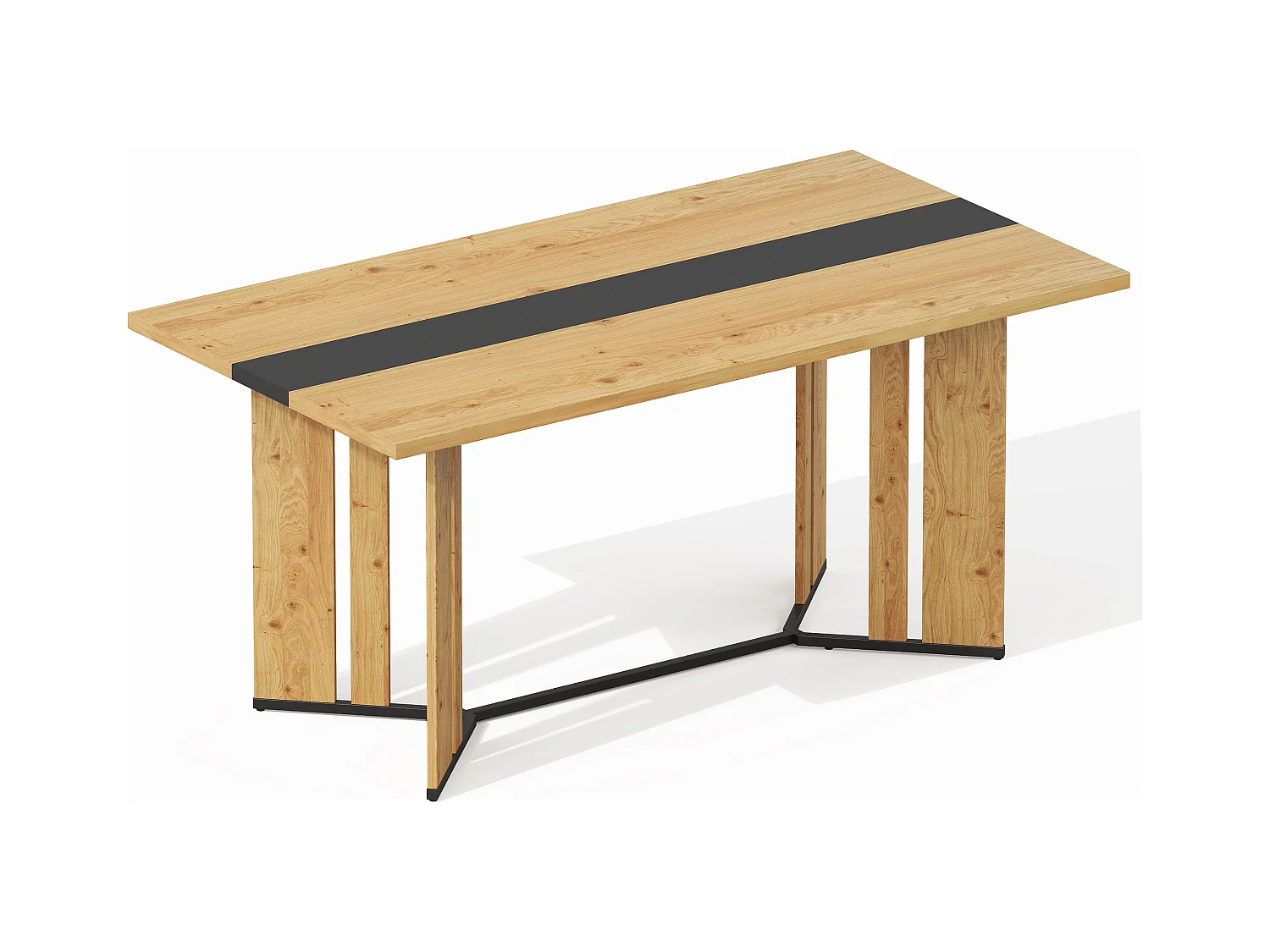 Table à manger pour 4 à 6 personnes, plateau en bois veiné, couleur naturelle et noire.