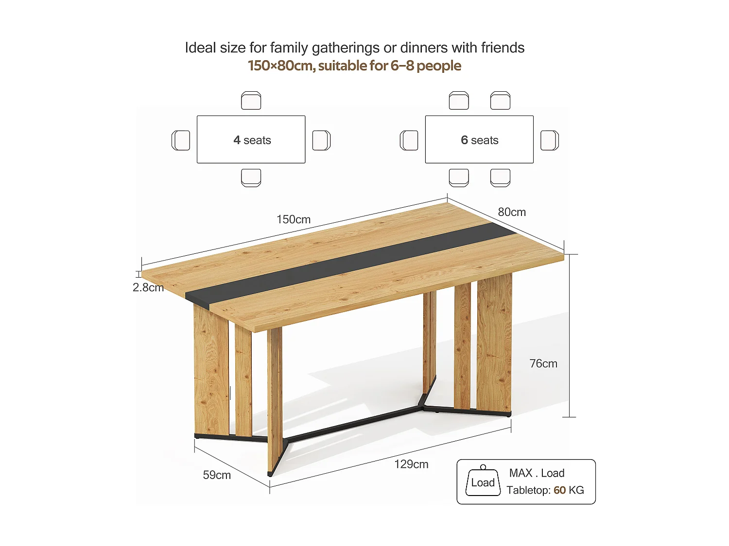 Table à manger pour 4 à 6 personnes, plateau en bois veiné, couleur naturelle et noire.