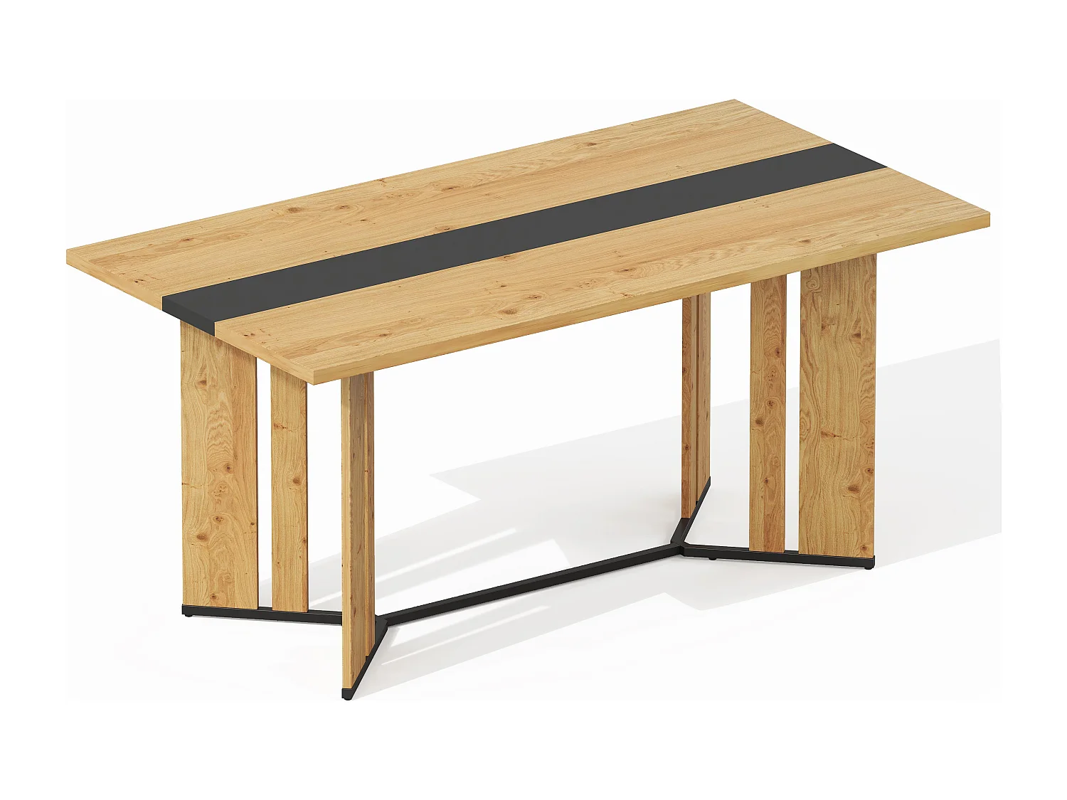 Table à manger pour 4 à 6 personnes, plateau en bois veiné, couleur naturelle et noire.