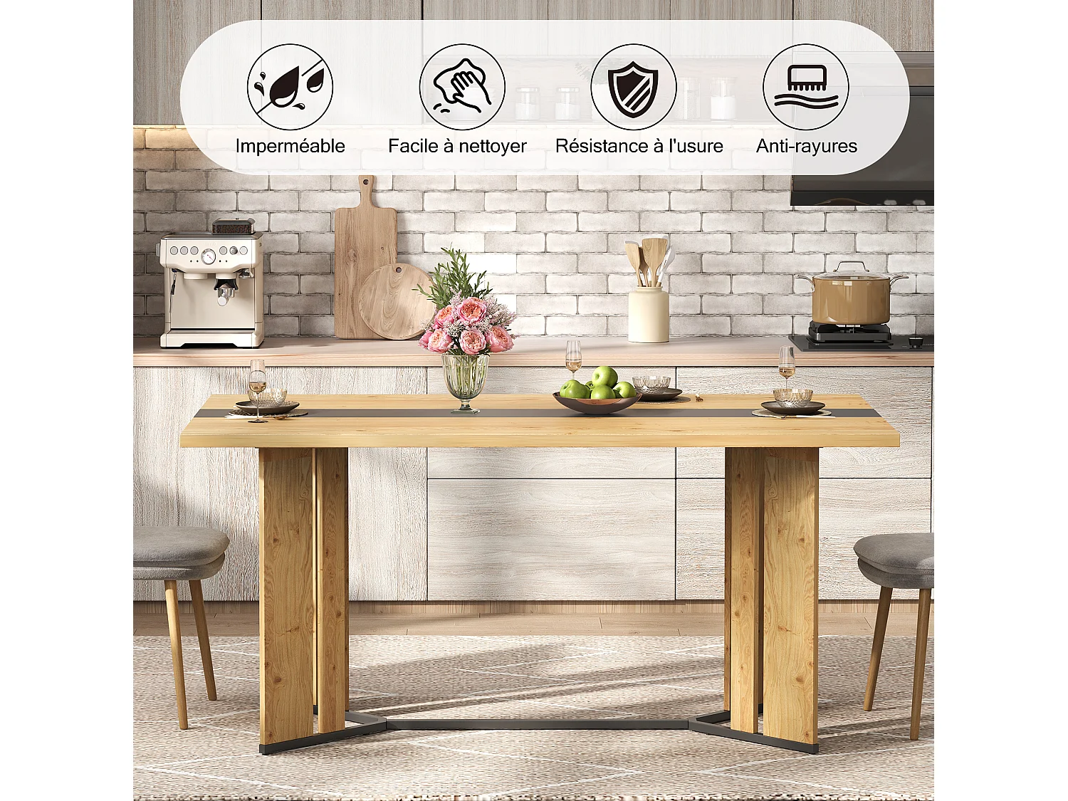 Table à manger pour 4 à 6 personnes, plateau en bois veiné, couleur naturelle et noire.