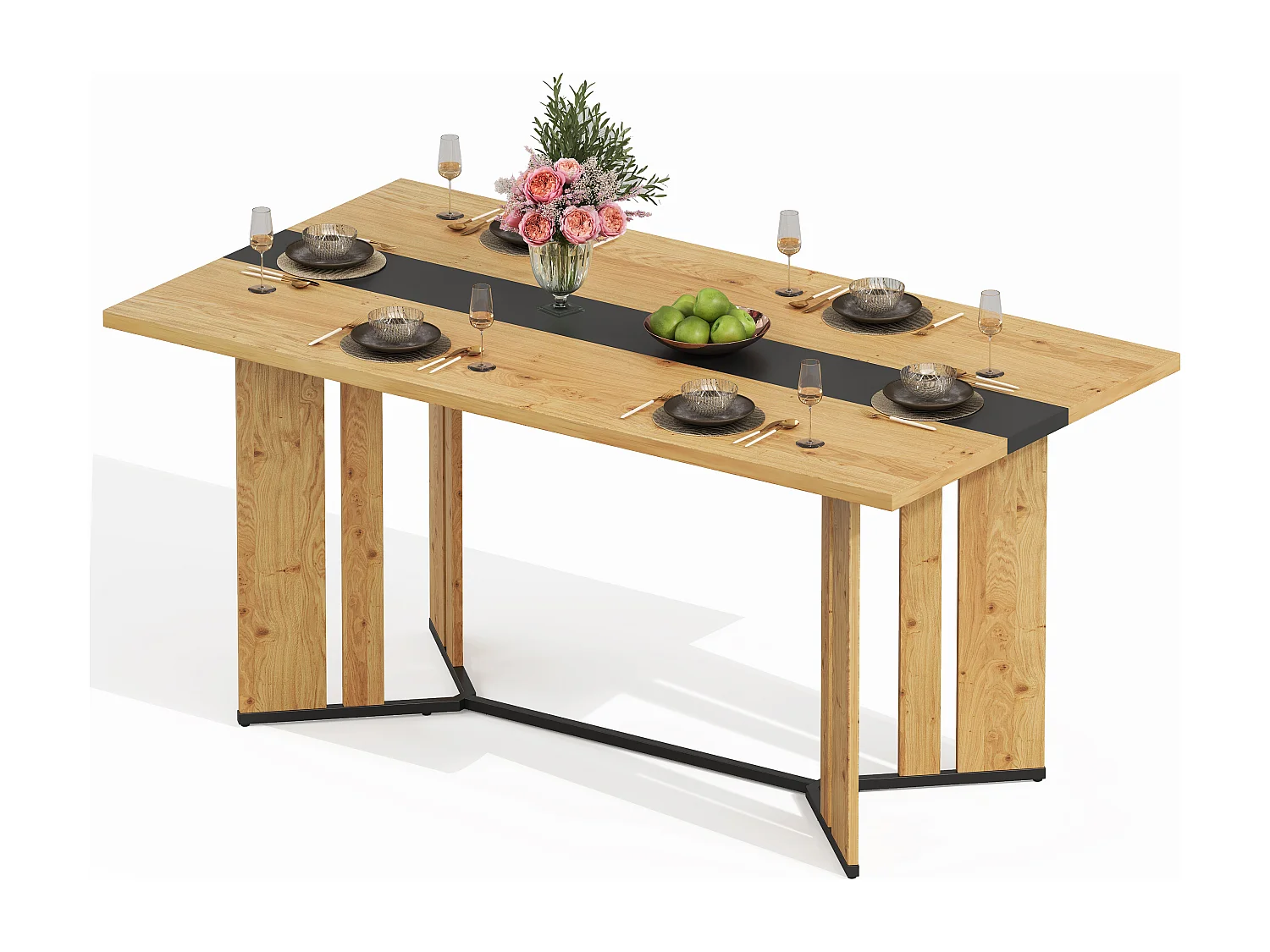 Table à manger pour 4 à 6 personnes, plateau en bois veiné, couleur naturelle et noire.