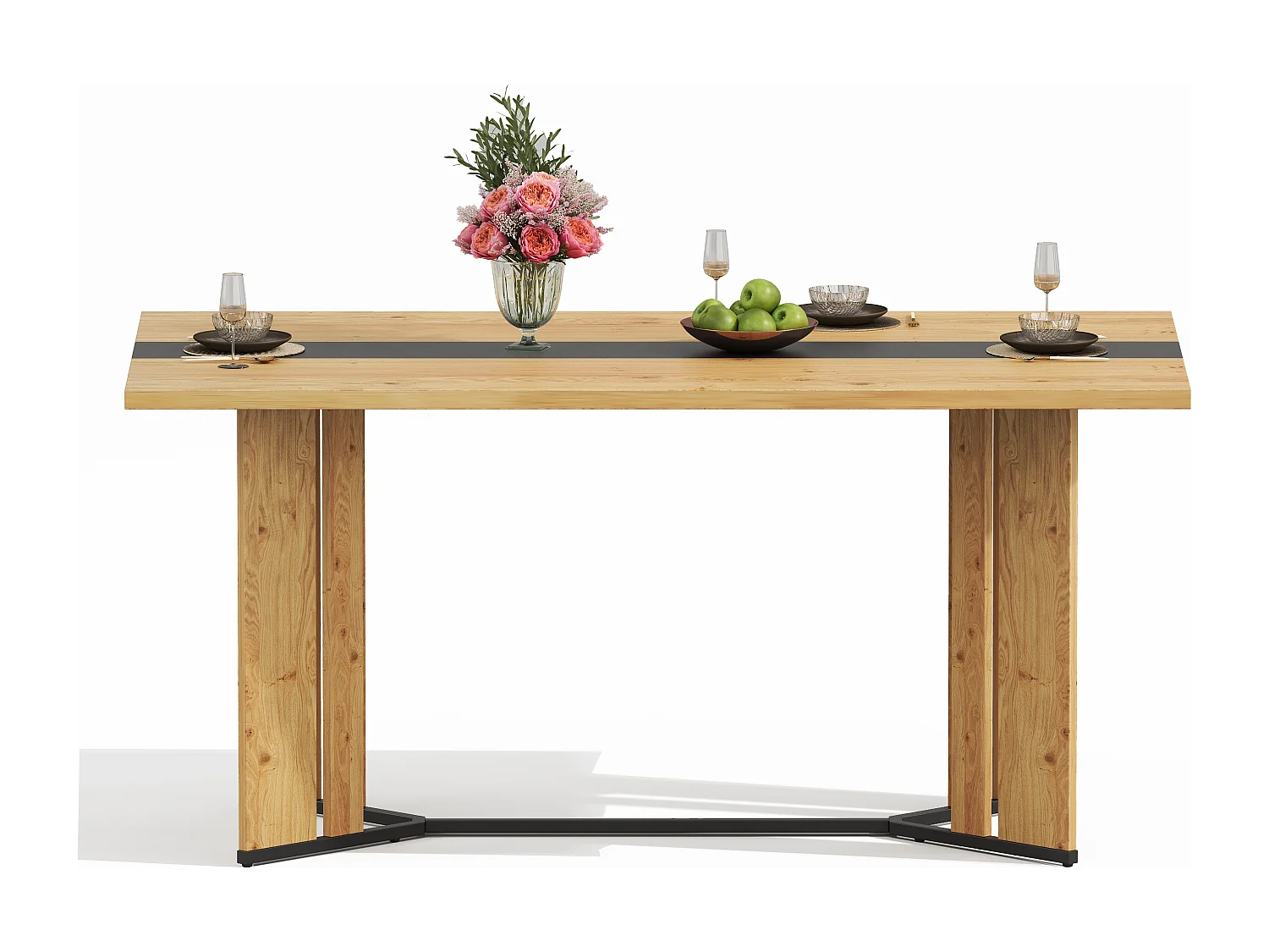 Table à manger pour 4 à 6 personnes, plateau en bois veiné, couleur naturelle et noire.