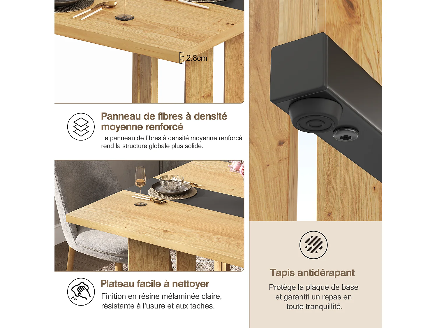 Table à manger pour 4 à 6 personnes, plateau en bois veiné, couleur naturelle et noire.